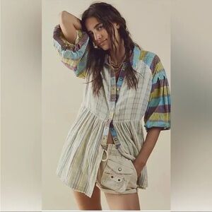 Free People Boxy Green and Yellow Blouse with Notched Collar